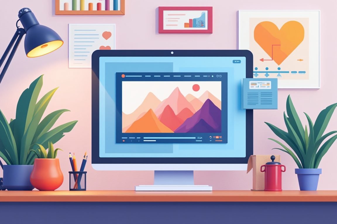 Illustration of AI creative tools generating poster and video editing automatically, colorful workspace, modern flat design