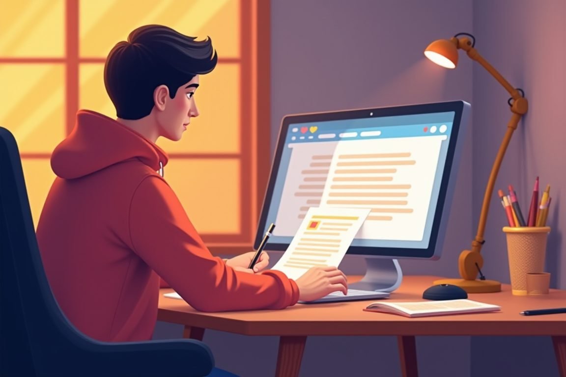 Illustration of a person drafting a blog post with an AI assistant chat window glowing beside them, warm modern colors