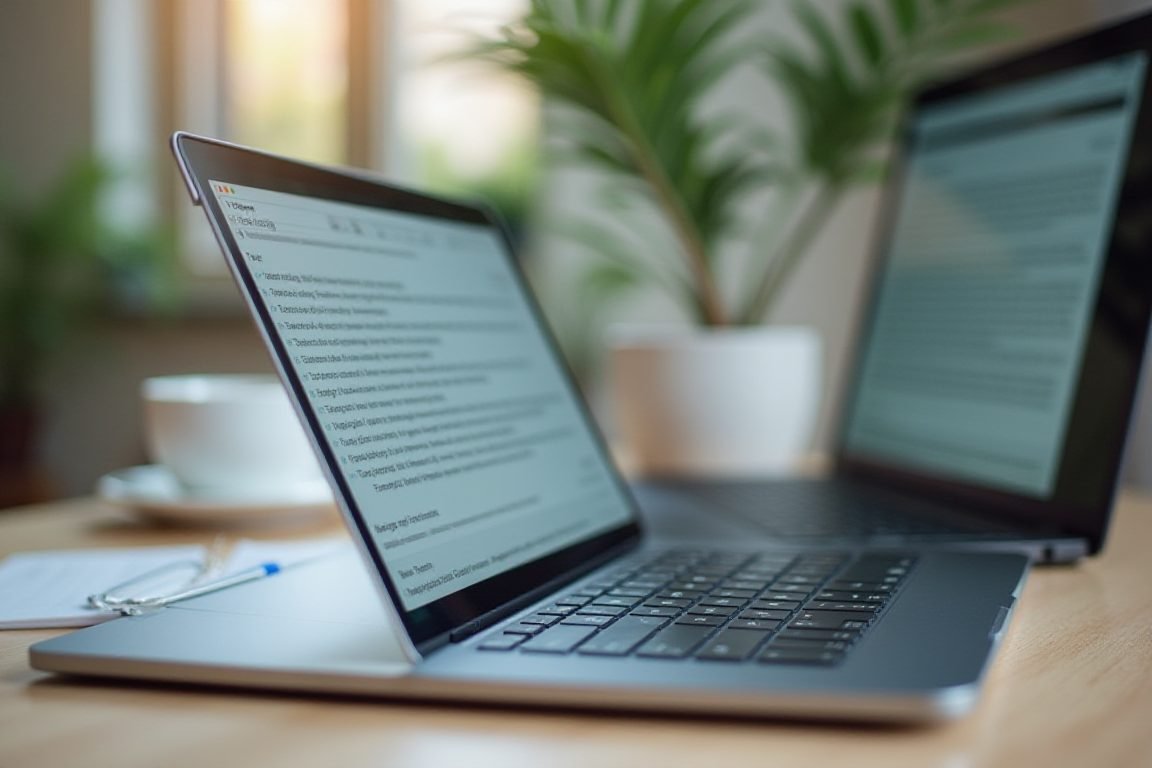 Close-up of a laptop screen showing an AI writing assistant generating a blog post draft, coffee cup beside it, cozy home off