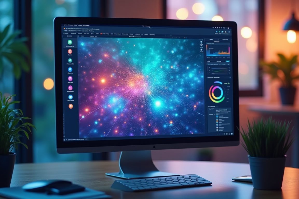 Colorful graphic design software interface on a monitor with AI-generated social media visuals and thumbnails displayed