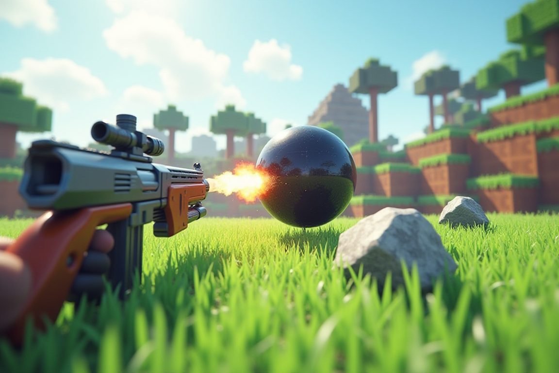 A Minecraft-style first-person view showing a futuristic rifle firing a swirling black sphere that pulls grass and stone bloc