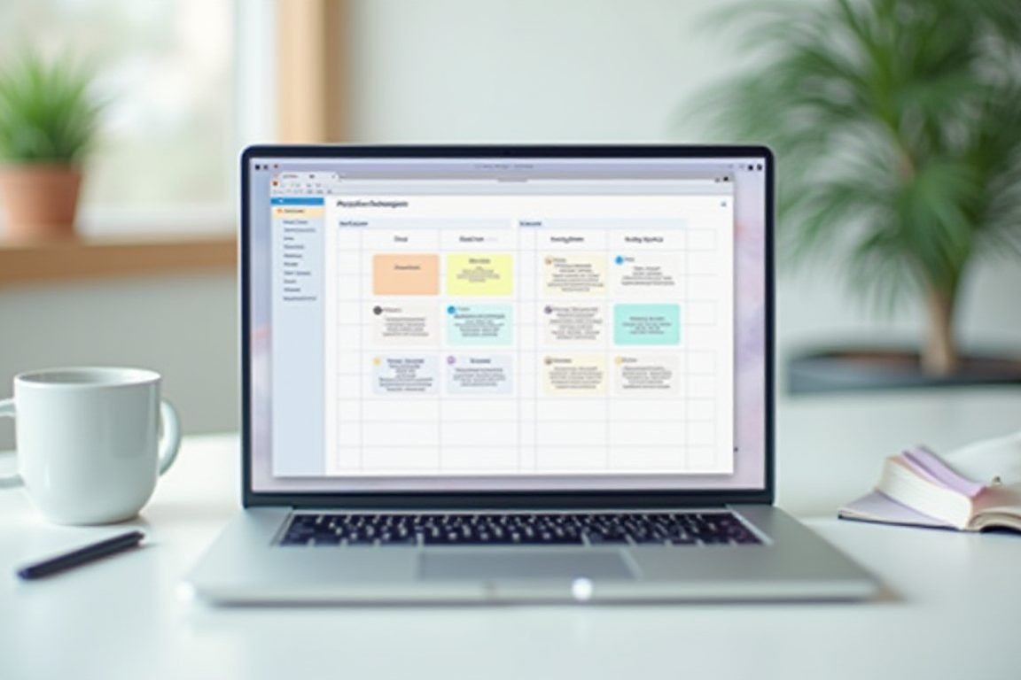 Clean project management board view on a laptop screen with colorful task cards, overhead angle, minimalist desk