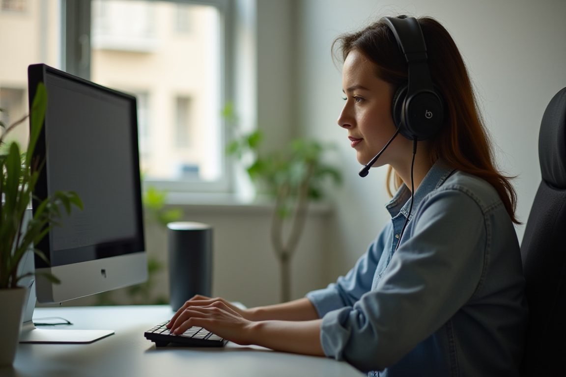 A person wearing headphones working at a tidy desk with a second monitor, focused expression, soft daylight