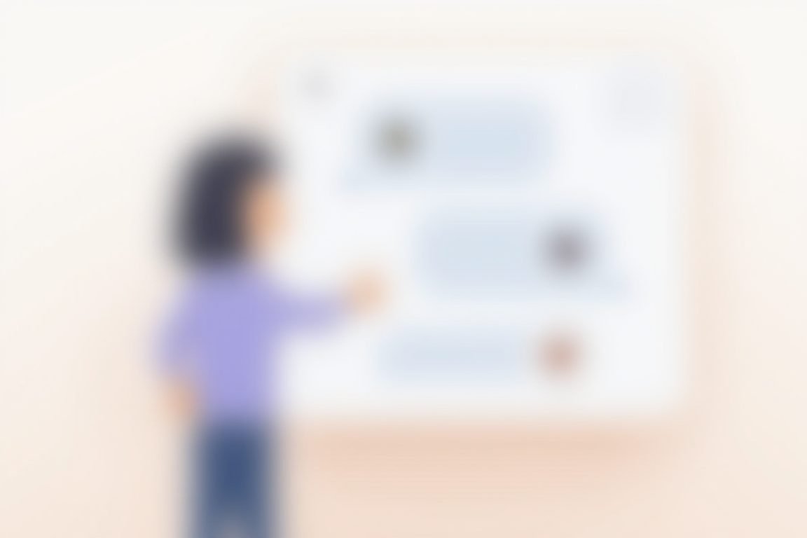 Illustration of person chatting with AI chatbot assistant on smartphone screen, speech bubbles, friendly interface, soft grad