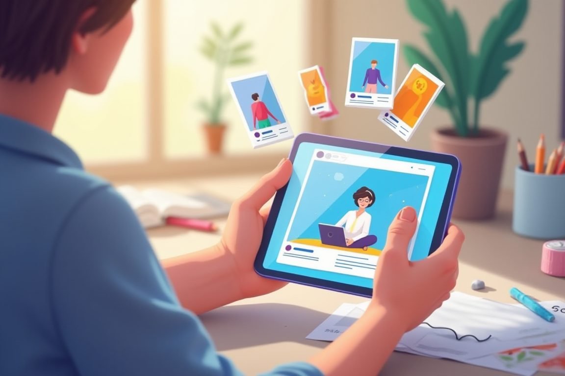 Illustration of someone designing social media posters with AI design app on tablet, colorful templates floating around, crea