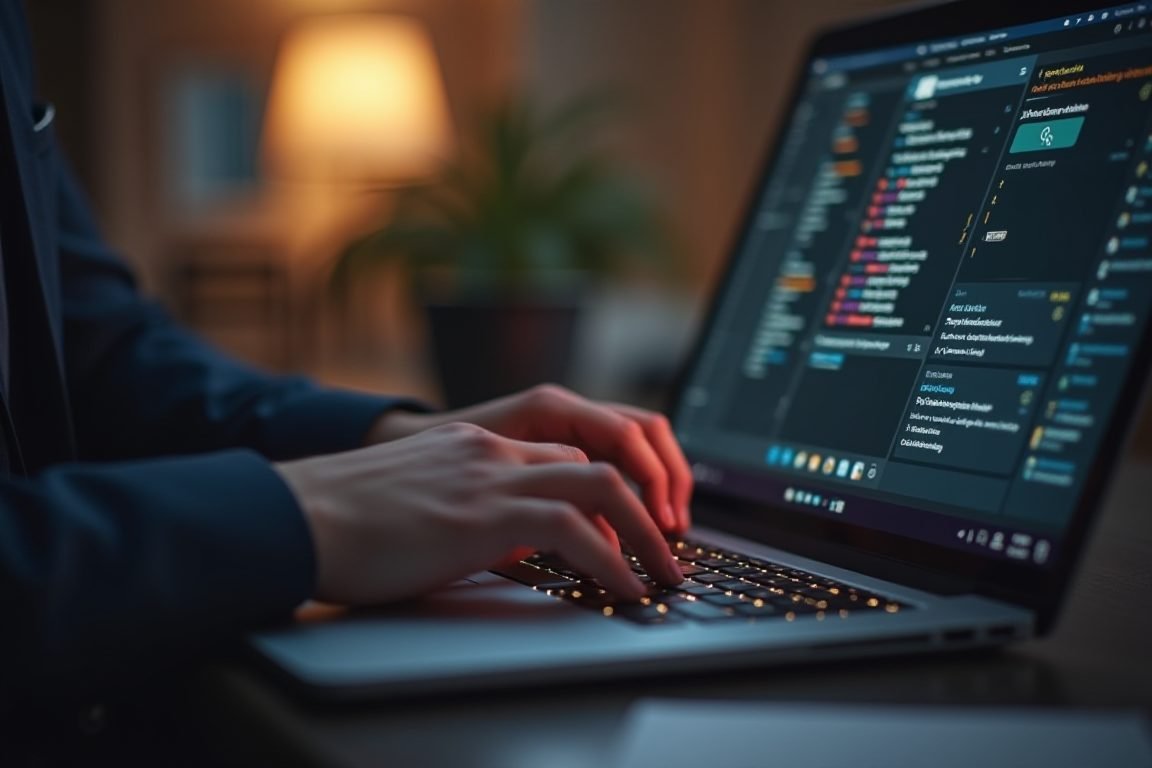 Close-up of hands typing on a laptop with an AI writing assistant interface glowing on screen, warm office lighting