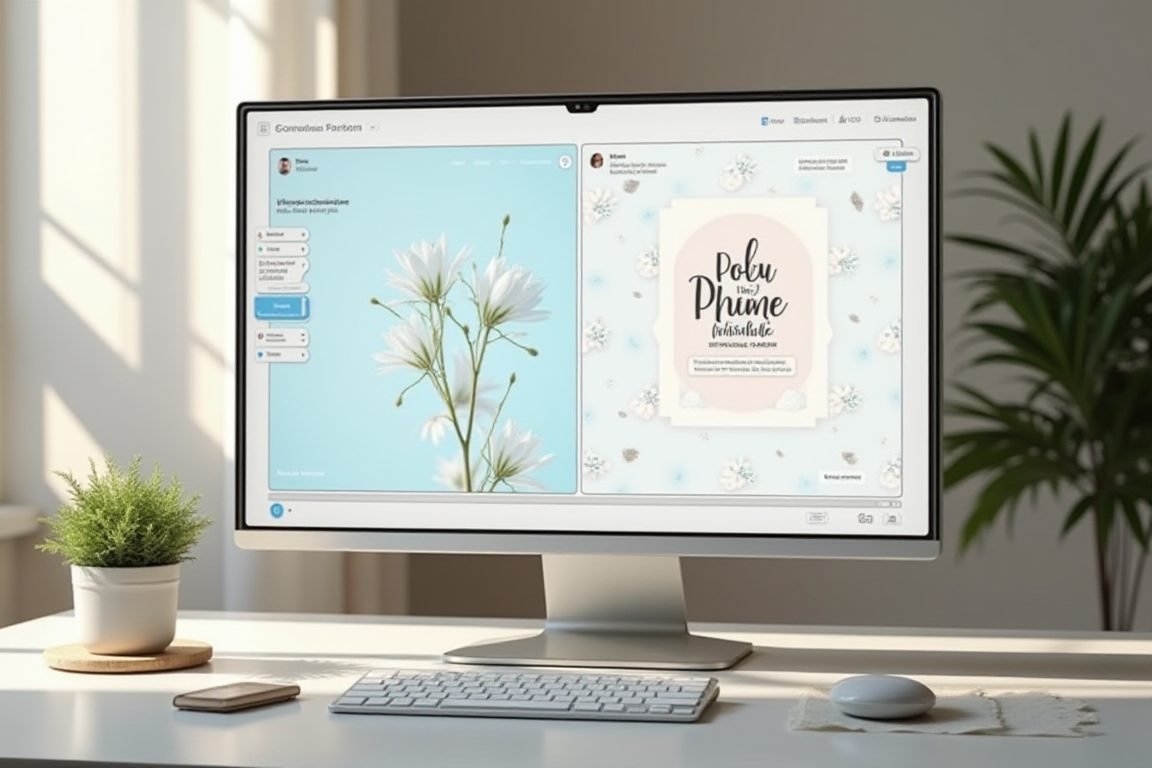 Split-screen design mockup showing AI-generated graphics and social media templates in Canva-style editor