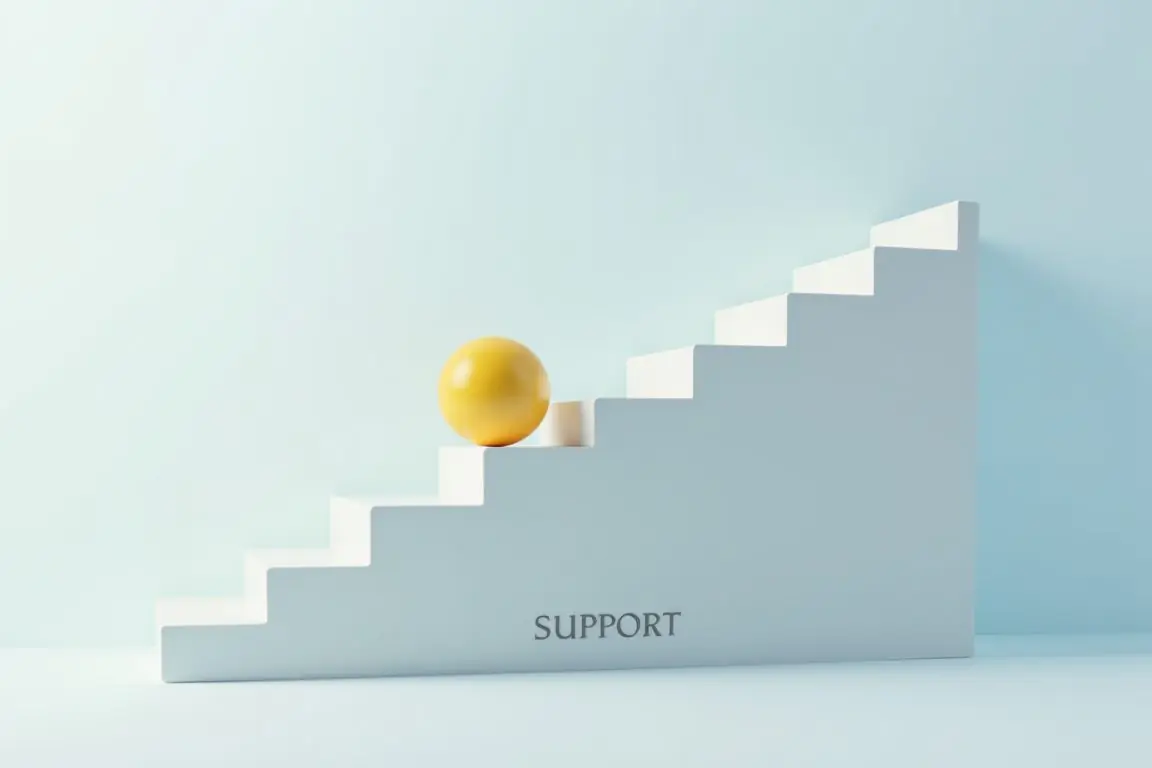 Modern flat-style illustration of a bouncing ball climbing a staircase between a floor labeled support and a ceiling labeled