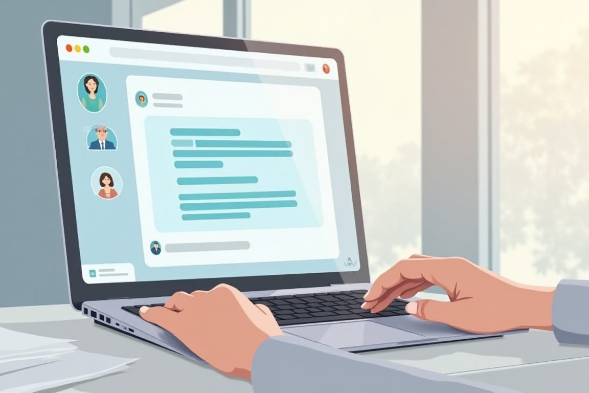Illustration of person using AI writing assistant on laptop, chat interface with Thai text ideas, clean modern style