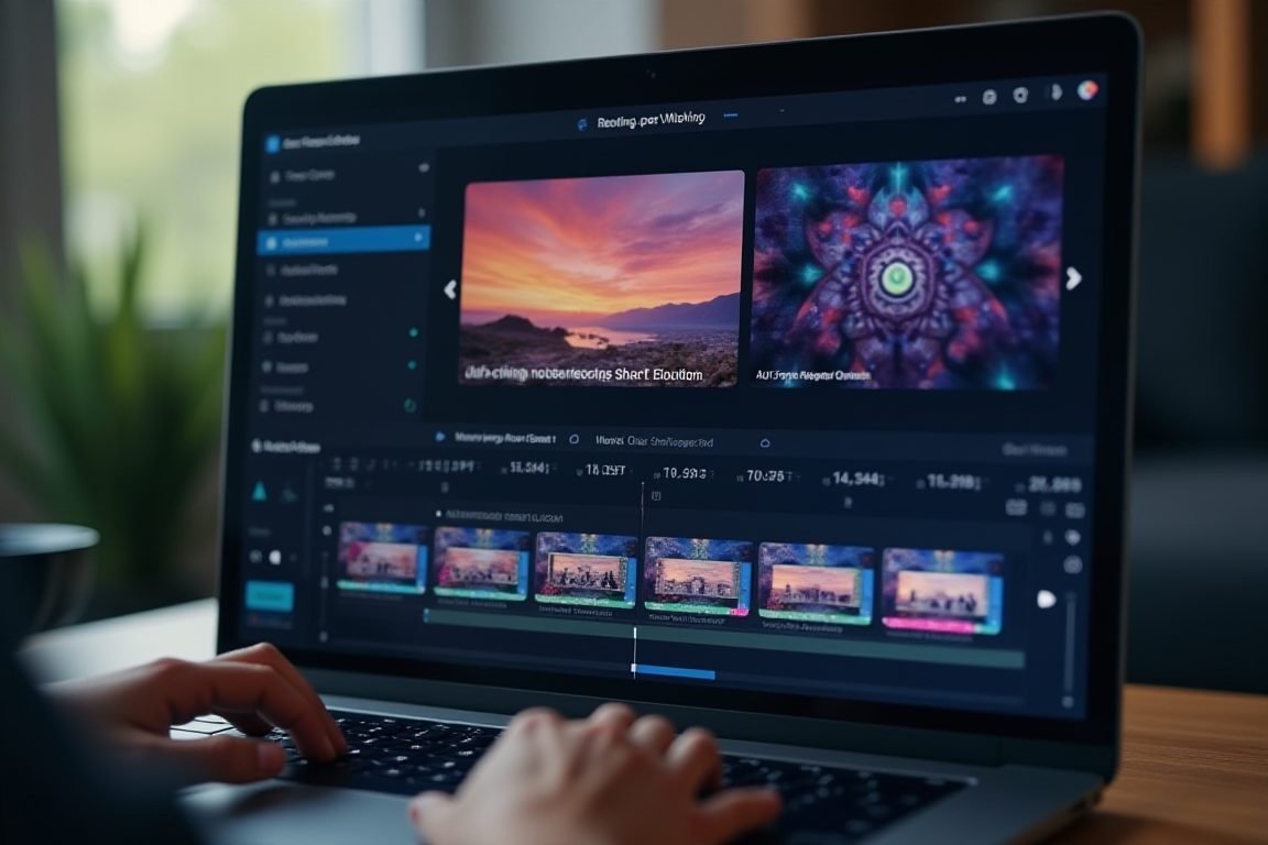 AI video editing interface on screen, auto subtitles and short clips being generated, vibrant colors