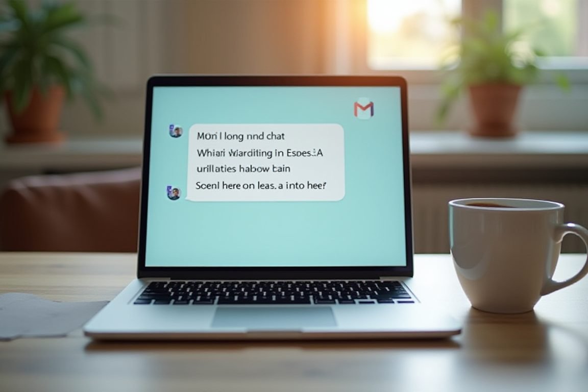 A laptop screen displaying an AI chat assistant generating a blog post draft, coffee cup beside it, cozy desk setup