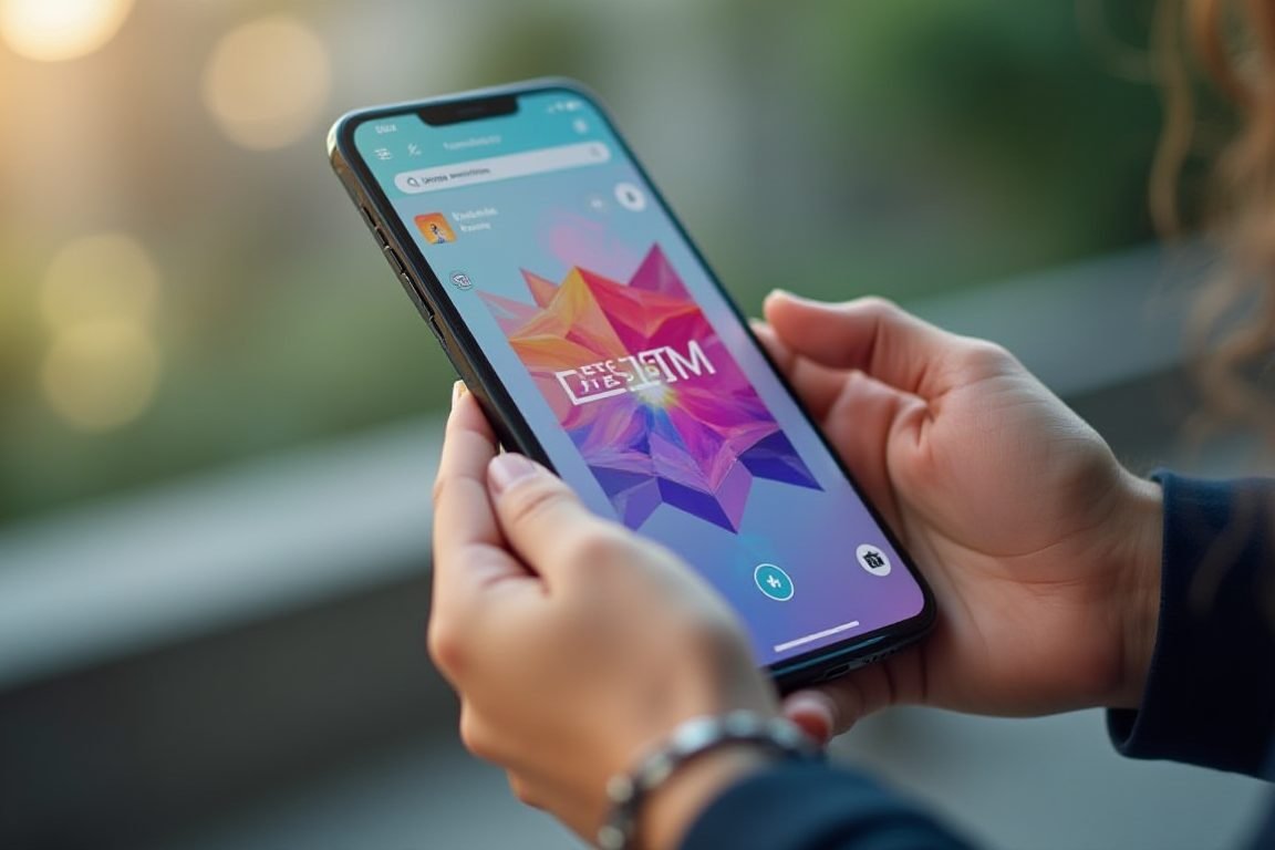 A smartphone showing an AI design app creating colorful social media graphics, hands holding the phone