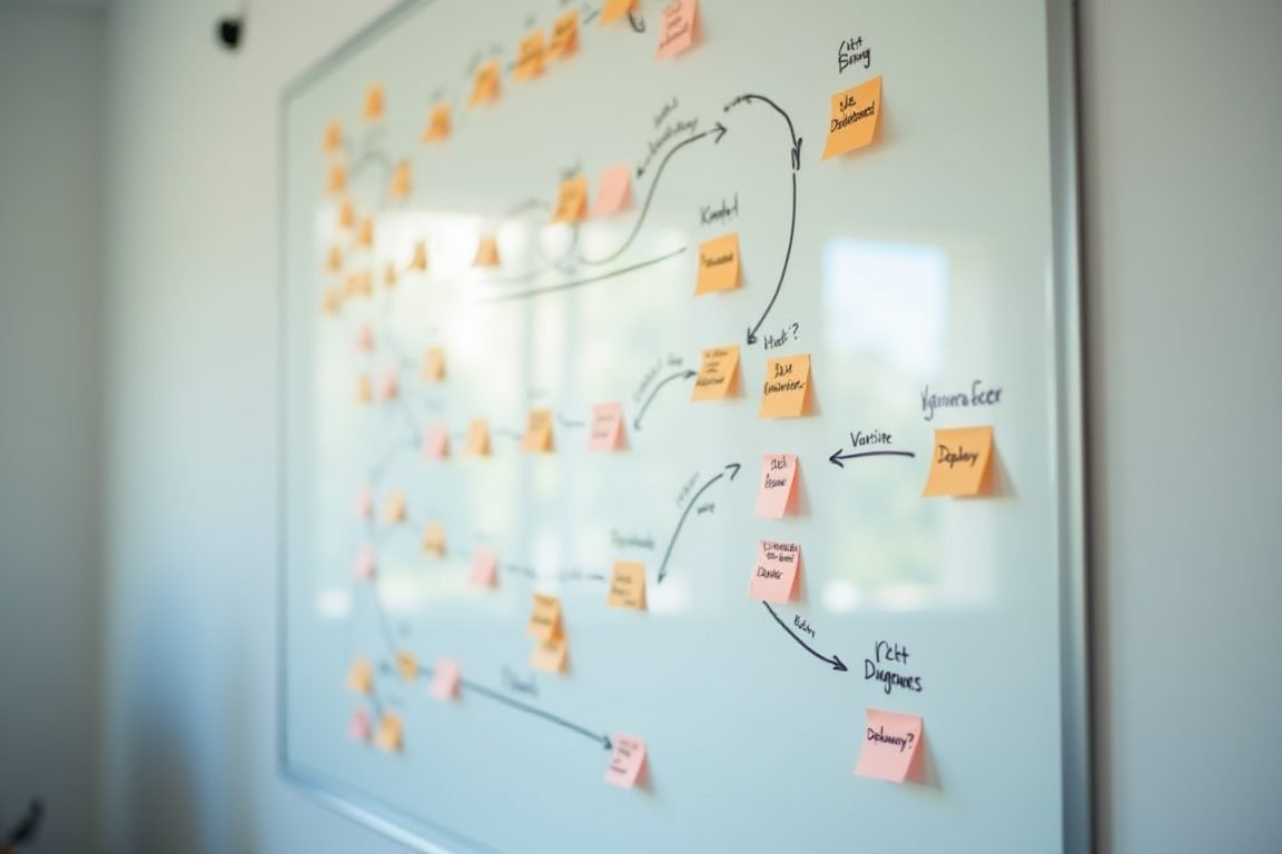 Flowchart diagram on a whiteboard showing planning to deployment steps with sticky notes, software team office in Thailand