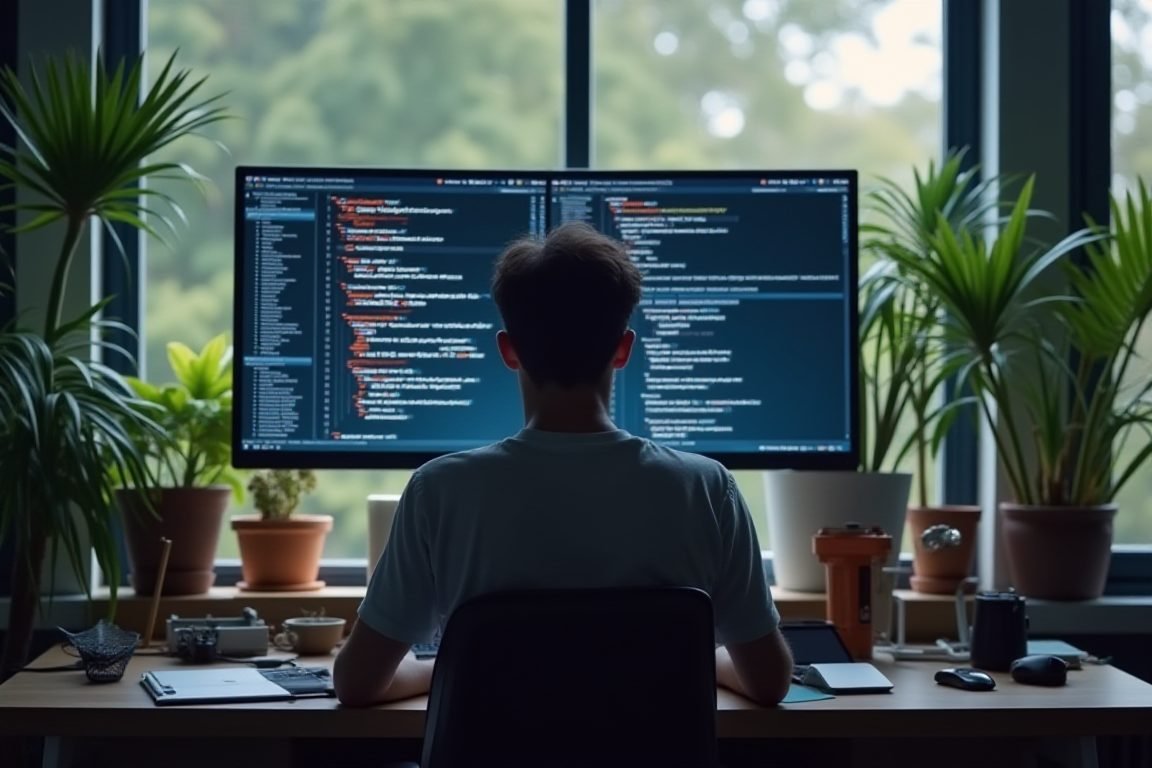 Programmer reviewing AI-generated code on dual monitors, relaxed modern workspace with plants