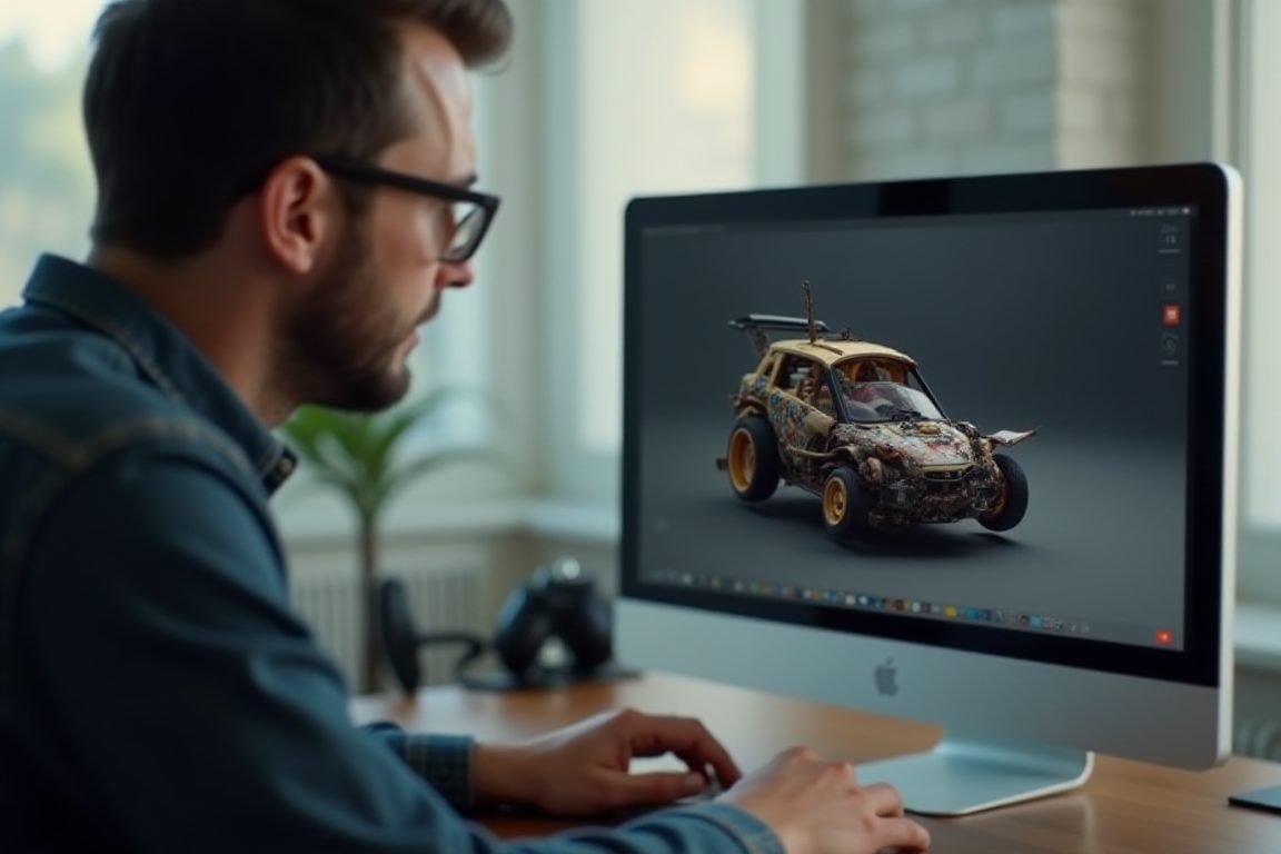 A frustrated hobbyist looking at a deformed AI-generated 3D car model on a computer screen, funny mismatch of wheels fused to