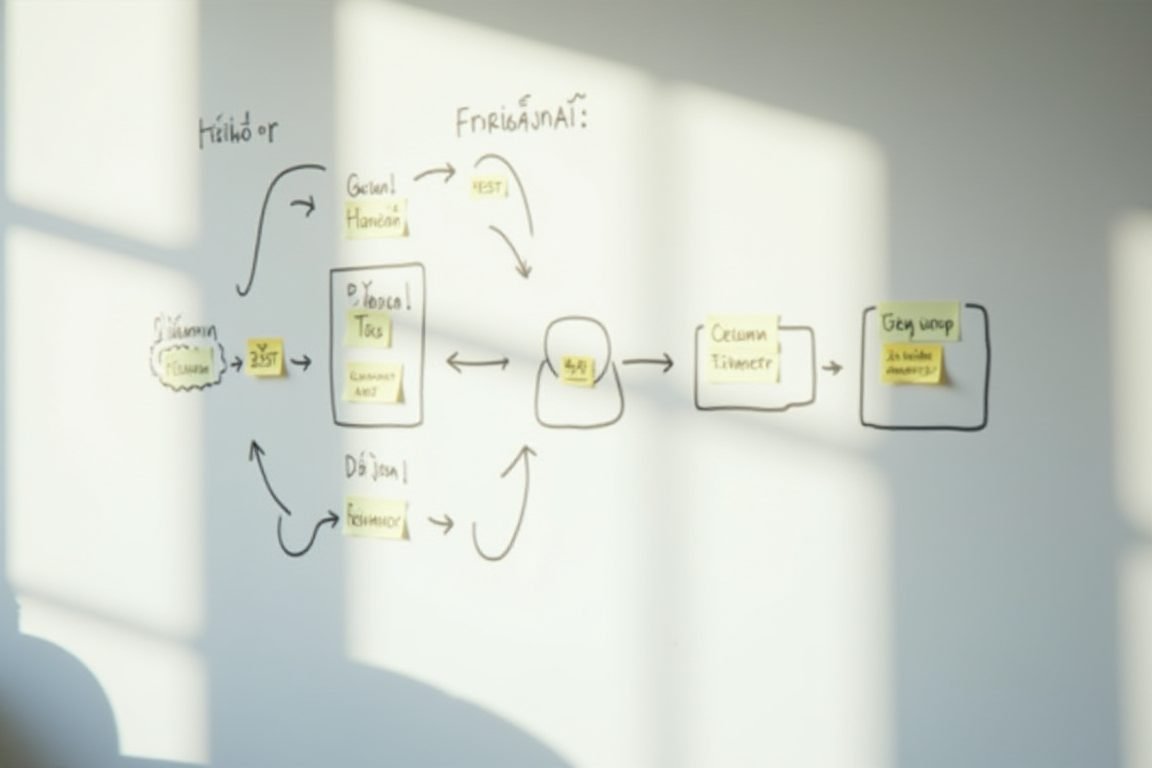 A flowchart on a whiteboard showing planning, design, code, test, and deploy stages connected in a loop, sticky notes in Thai