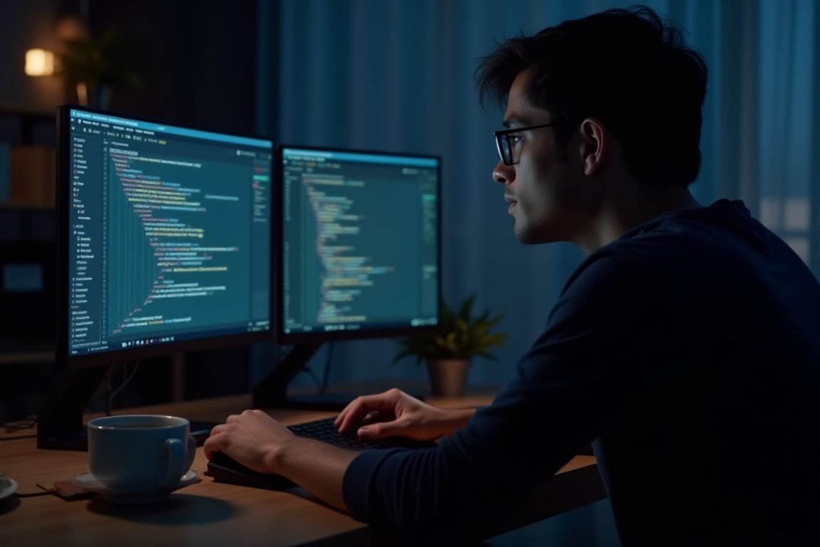 A developer reviewing pull requests on dual monitors at night with coffee, AI assistant panel open on screen, realistic photo