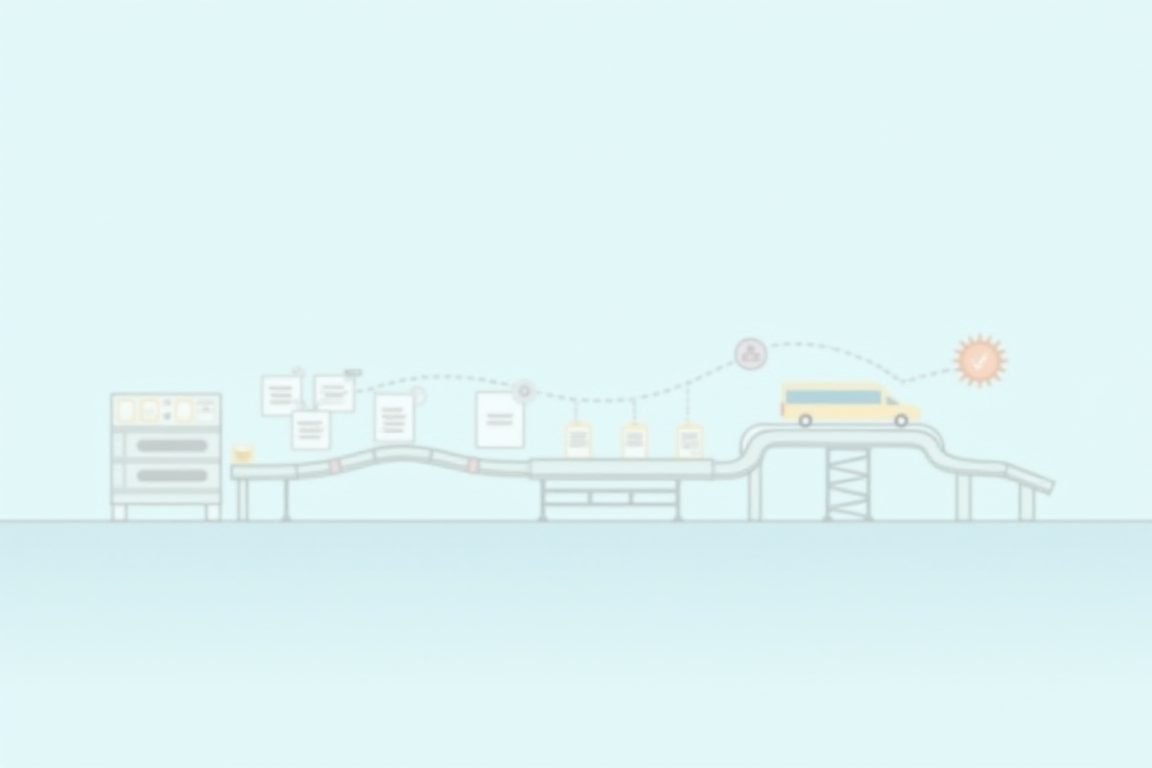 Simple infographic of a production line conveyor belt metaphor showing documents flowing between stages: intent, spec, plan, 