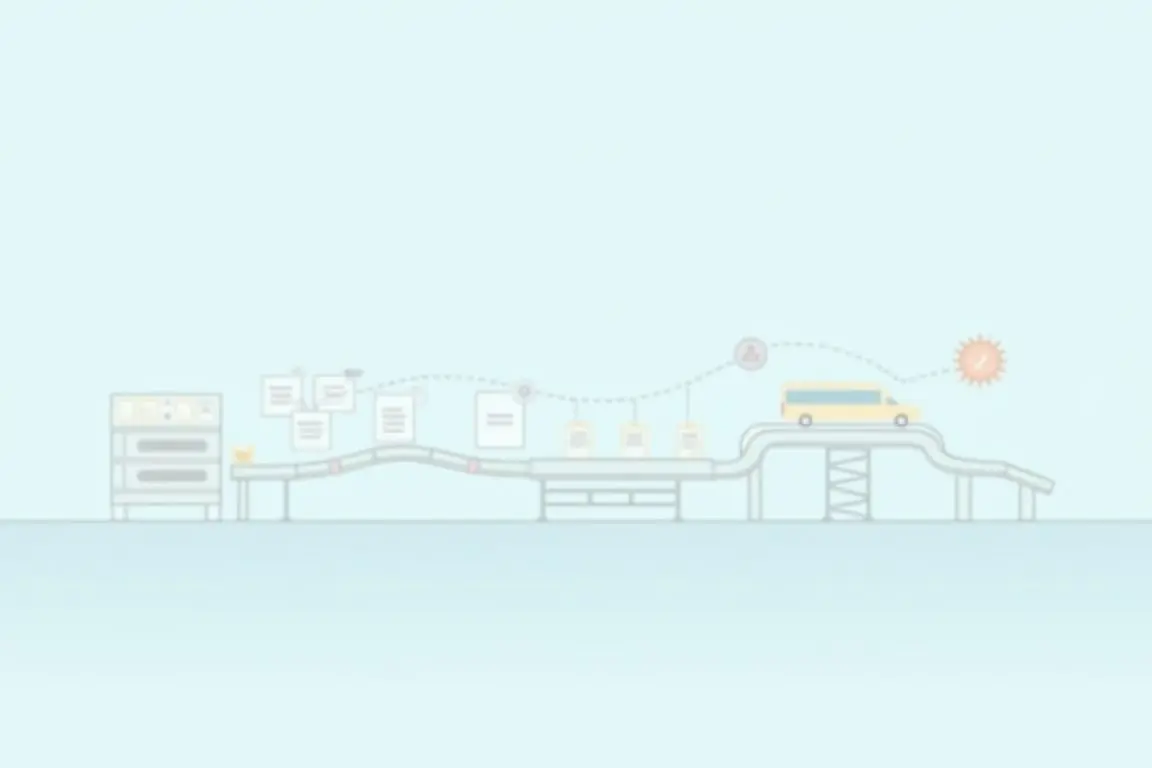 Simple infographic of a production line conveyor belt metaphor showing documents flowing between stages: intent, spec, plan,