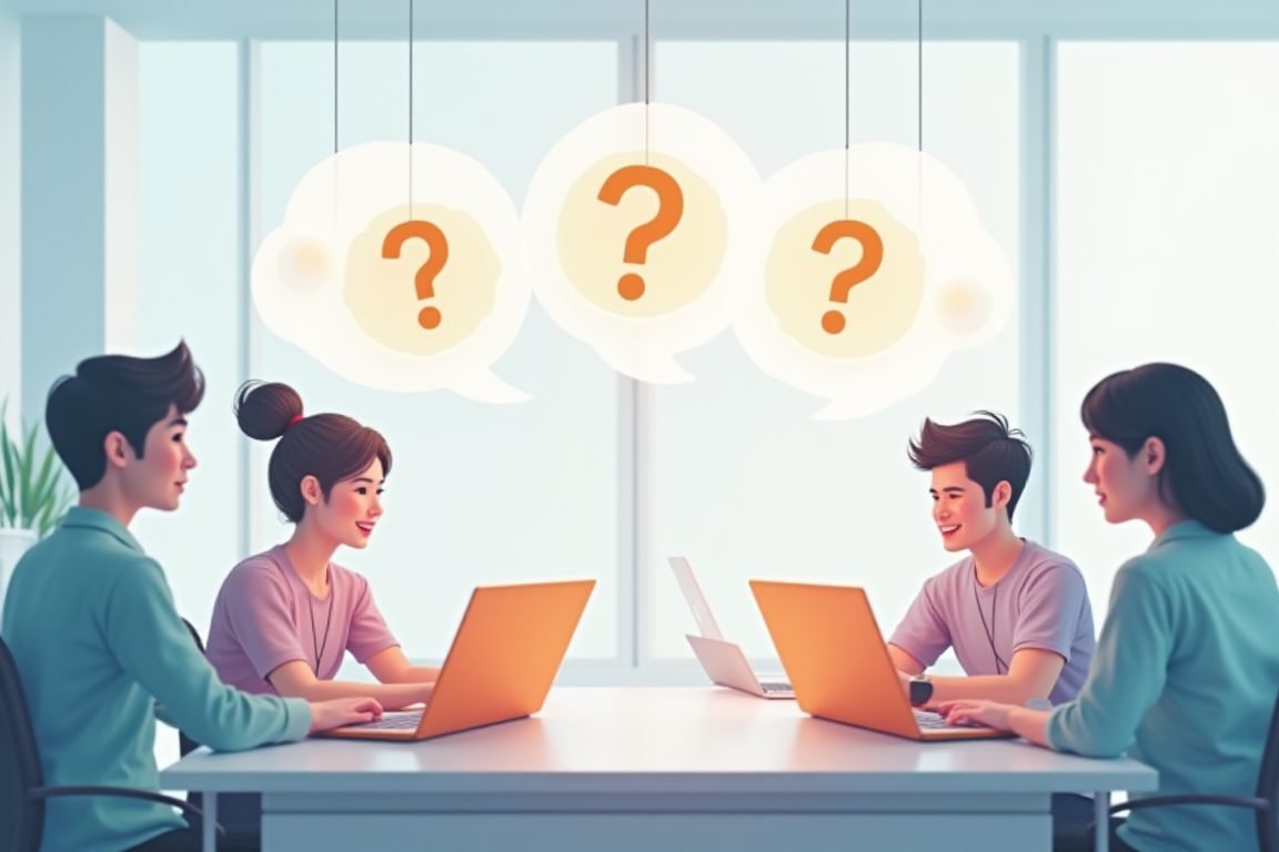 Online community discussion concept, chat bubbles with question marks floating above laptops, people collaborating in a Thai 
