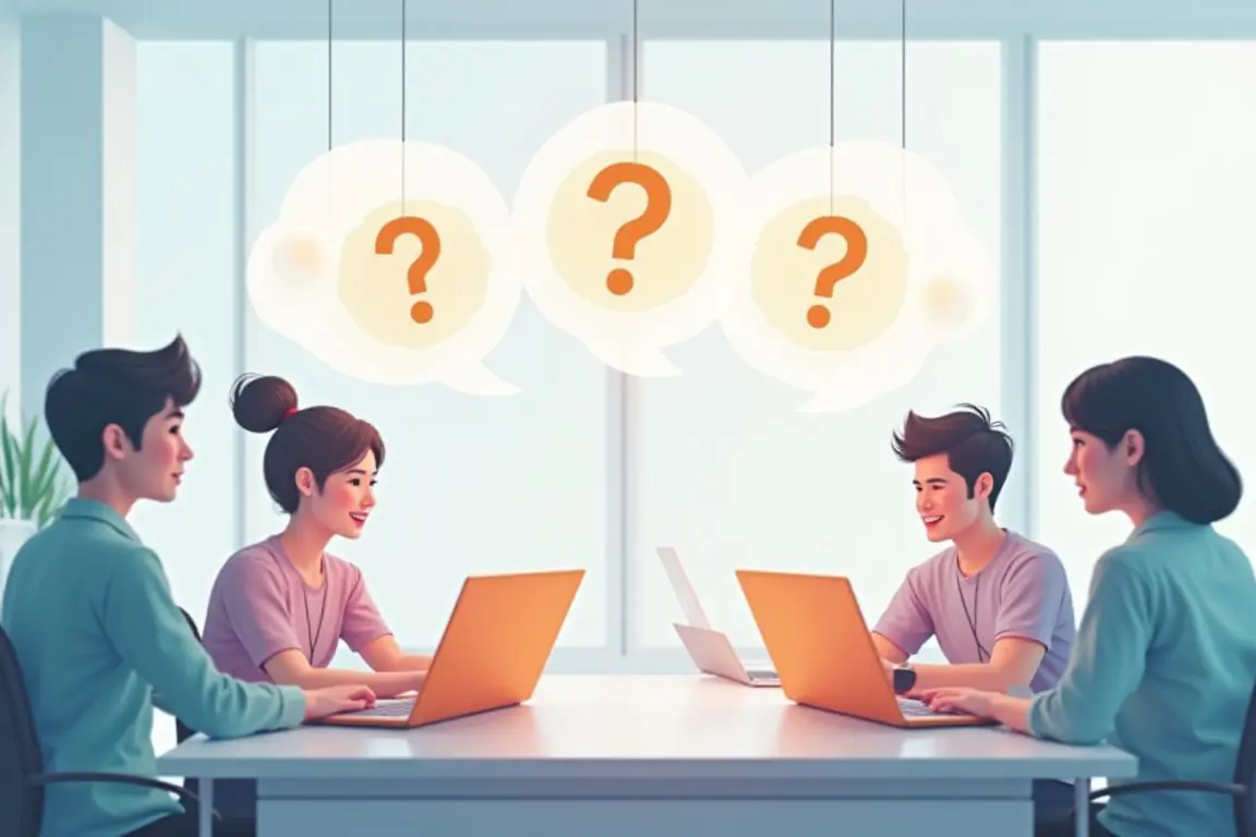 Online community discussion concept, chat bubbles with question marks floating above laptops, people collaborating in a Thai