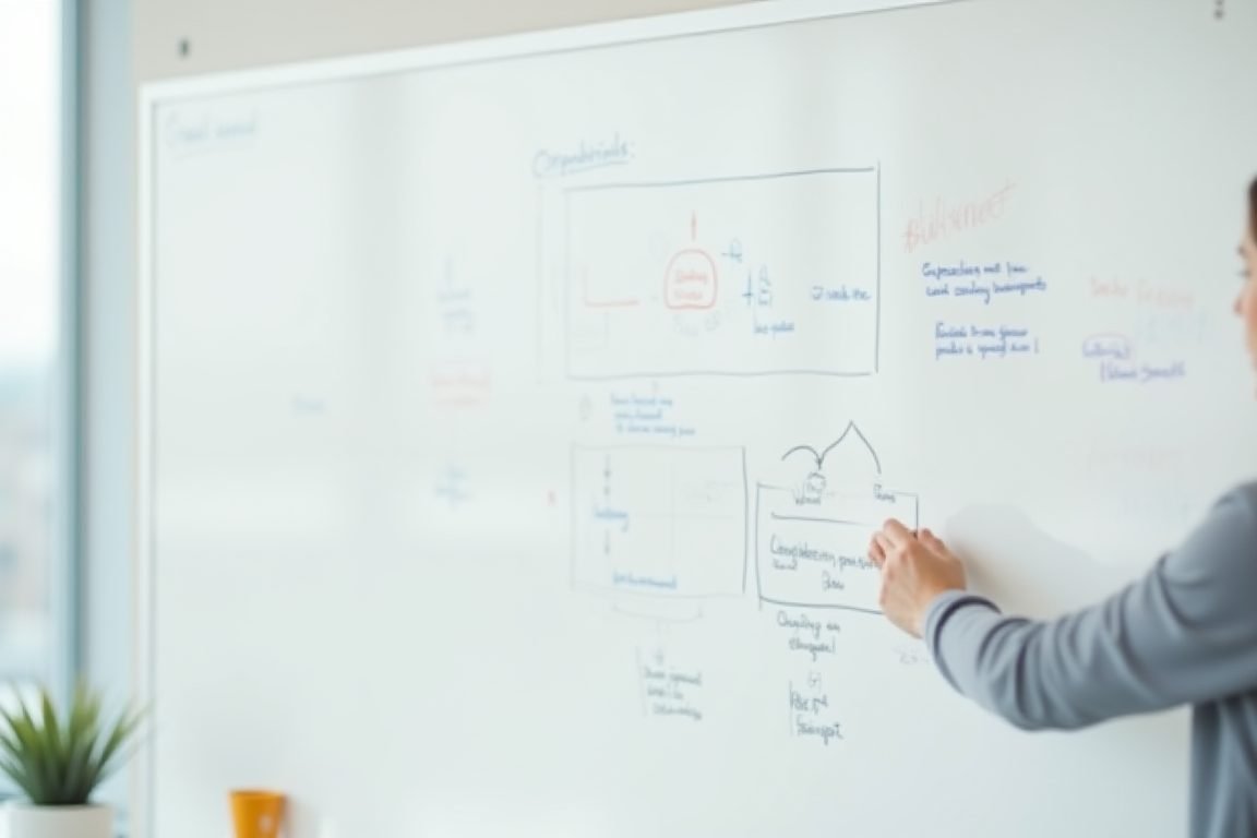 A whiteboard covered in diagrams and notes being erased by a hand with an eraser, symbolizing lost context, bright office set