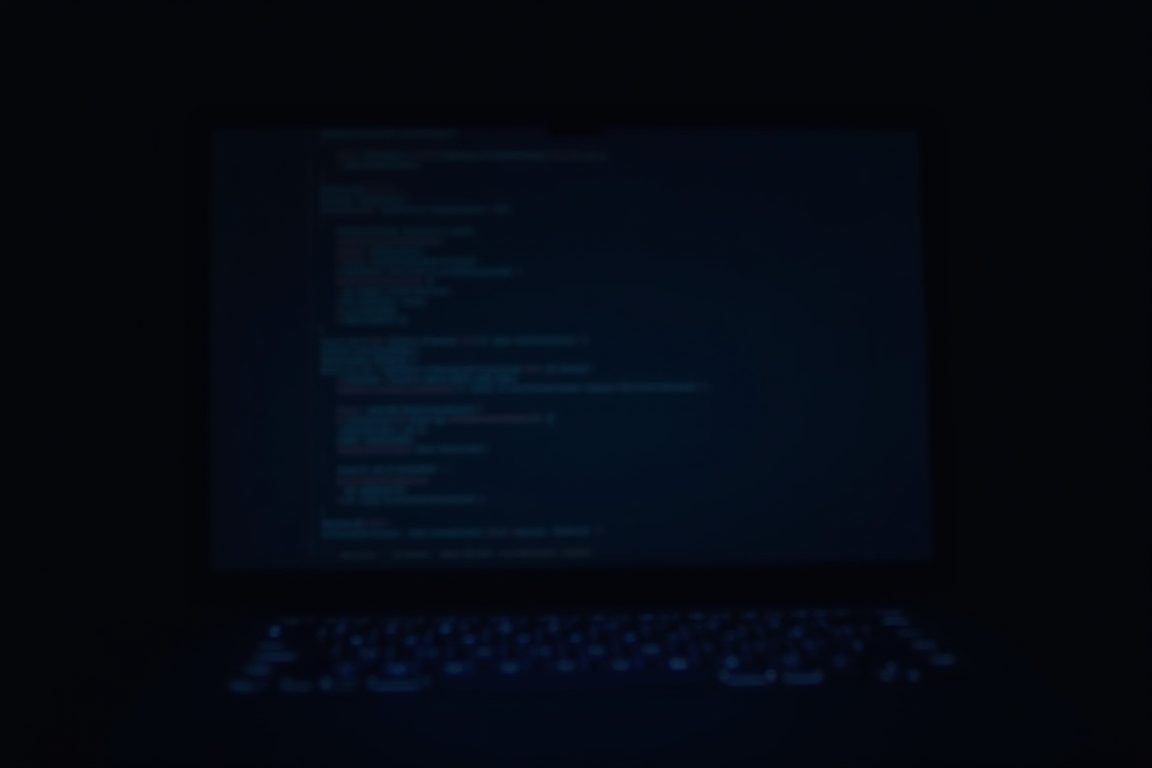 A laptop at night running an automated coding session, screen glow in a dark room, progress bar frozen mid-way