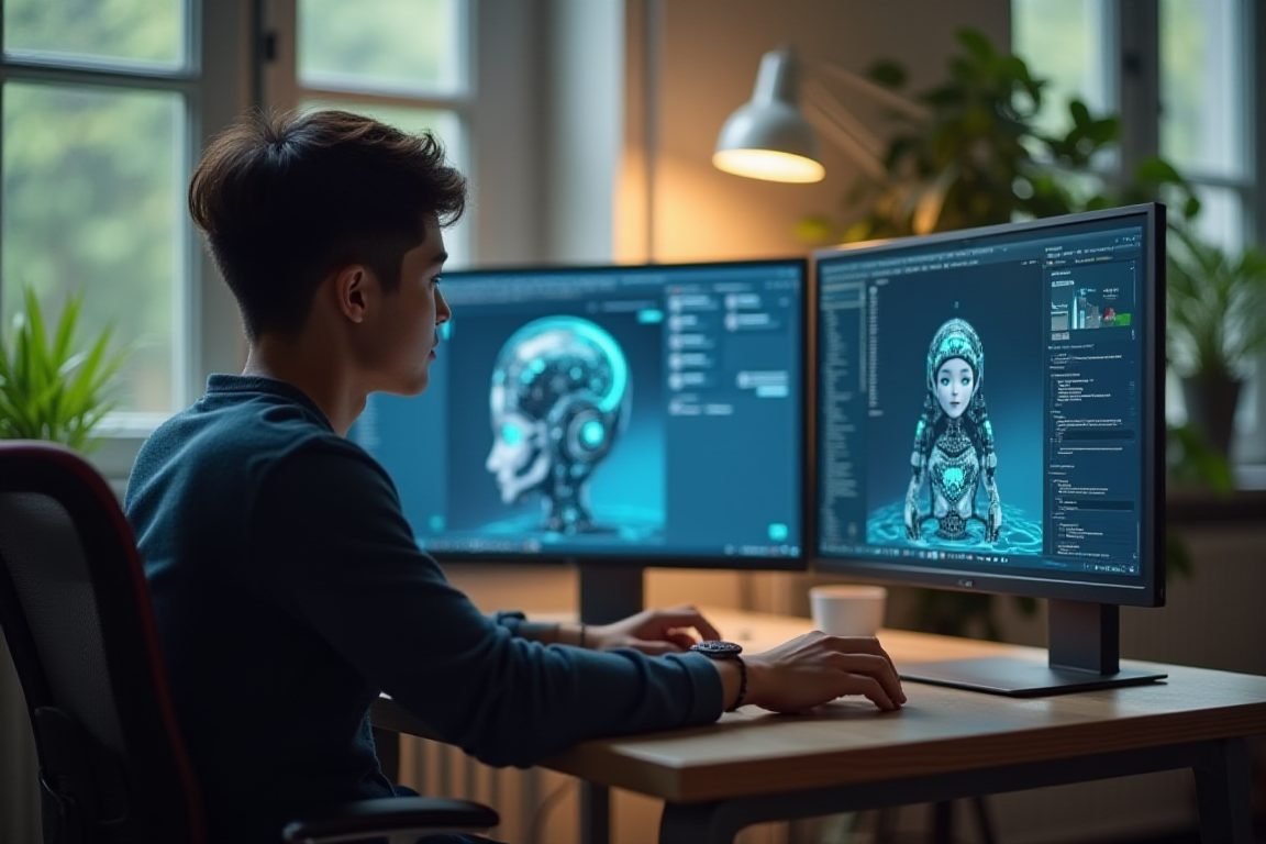 Young Thai programmer working alongside an AI chatbot on dual monitors, cozy office, natural light, photorealistic