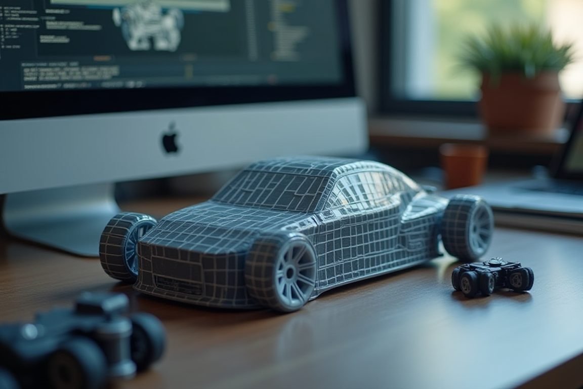 Close-up of a computer screen showing a failed AI-generated 3D model that is just a hollow square box instead of a car body,