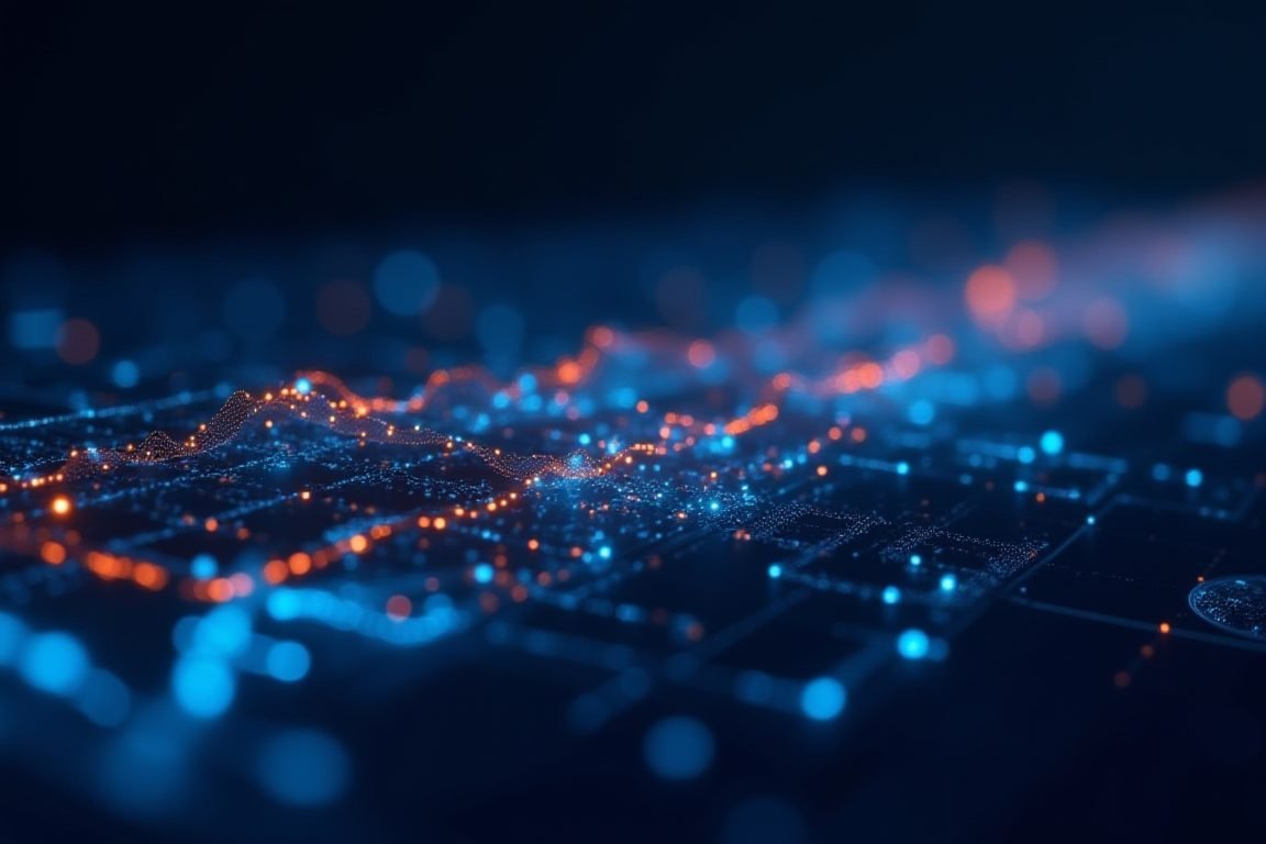 Abstract visualization of data streams flowing from many cryptocurrency exchange servers into one central measurement dashboa