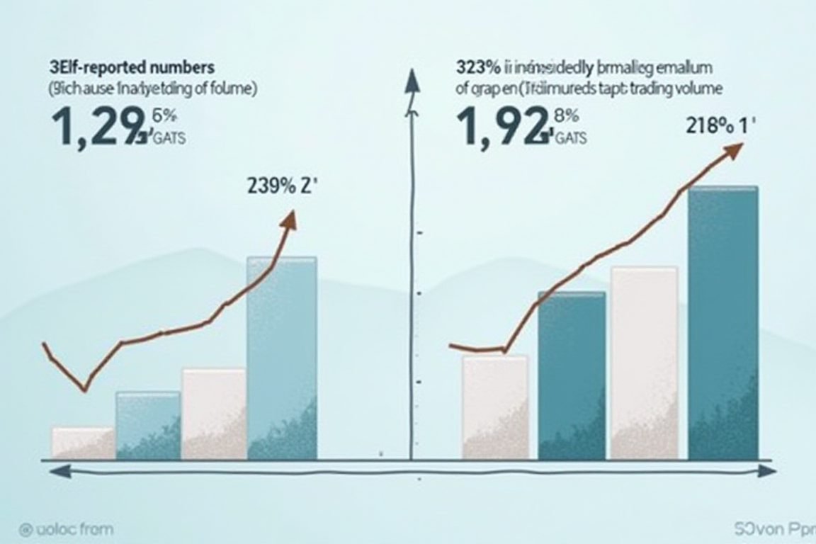 Infographic-style illustration comparing self-reported numbers versus independently measured trading volume, with bar charts