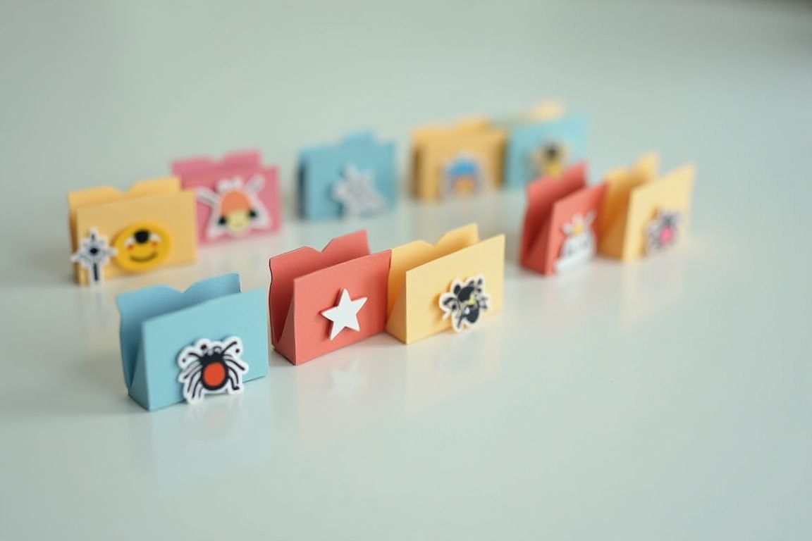 Eight small colorful folder icons arranged in a grid on a desk, each with a small bug sticker hidden on it, flat illustration