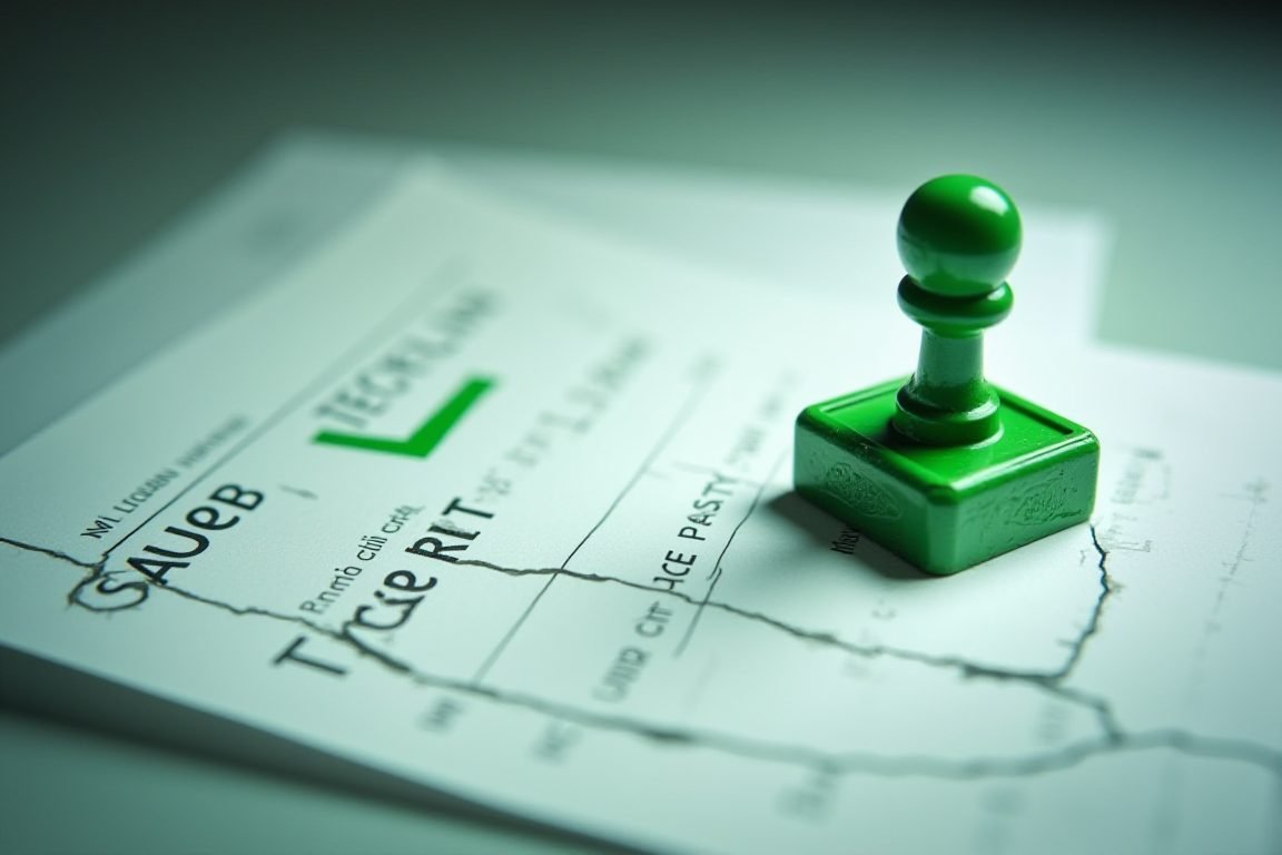 A green checkmark stamp next to a cracked test report document, dramatic lighting, concept of false passing tests, illustrati