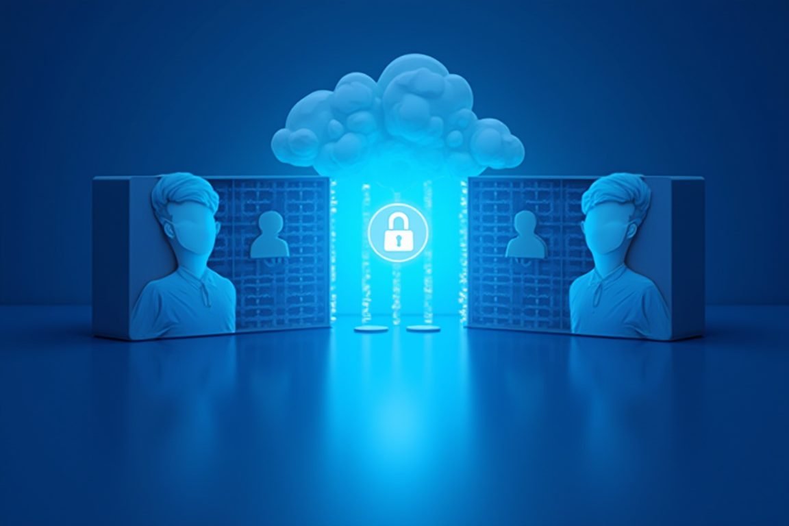 Concept illustration of a cracked digital wall between user account profiles on a cloud server, garage door icons leaking bet