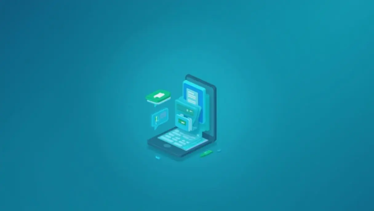 A clean illustration of a smartphone showing a WhatsApp-style business chat with PDF document icons flowing into an organized